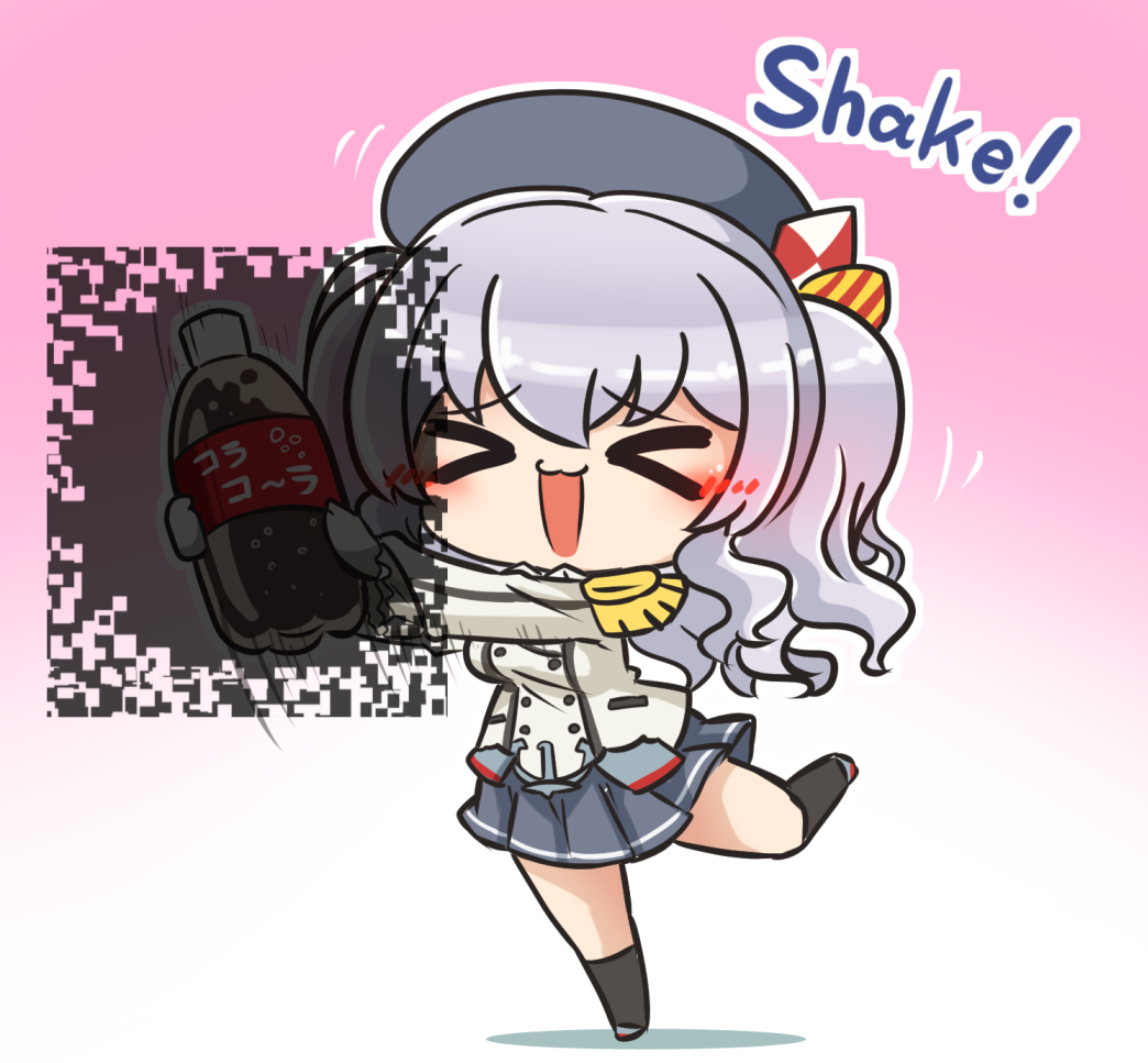 &gt;_&lt; 1girl asimo953 bangs beret blush brand_name_imitation breasts buttons chibi cola commentary_request employee_uniform epaulettes eyebrows_visible_through_hair fluttering_heart_illusion frilled_sleeves frills full_body gloves gradient gradient_background hat jacket kantai_collection kashima_(kantai_collection) kerchief kneehighs long_hair long_sleeves optical_illusion pleated_skirt shaking sidelocks silver_hair simple_background skirt smile soda_bottle solo twintails uniform wavy_hair white_gloves white_jacket