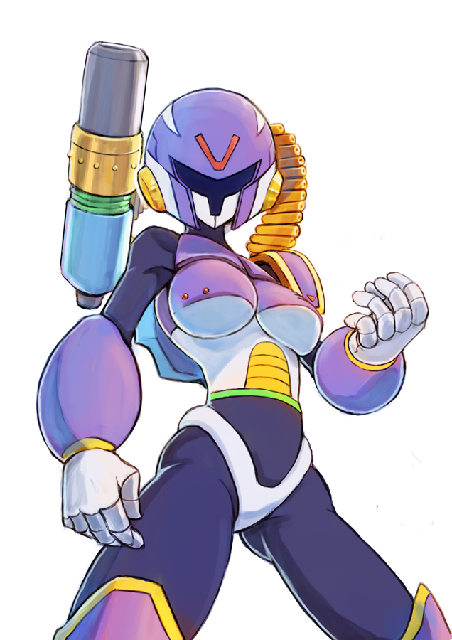 1girl ammunition_belt android aosa_(momikin) breasts cannon capcom cowboy_shot facing_viewer genderswap genderswap_(mtf) helmet large_breasts robot rockman rockman_x shoulder_cannon simple_background solo vava weapon white_background