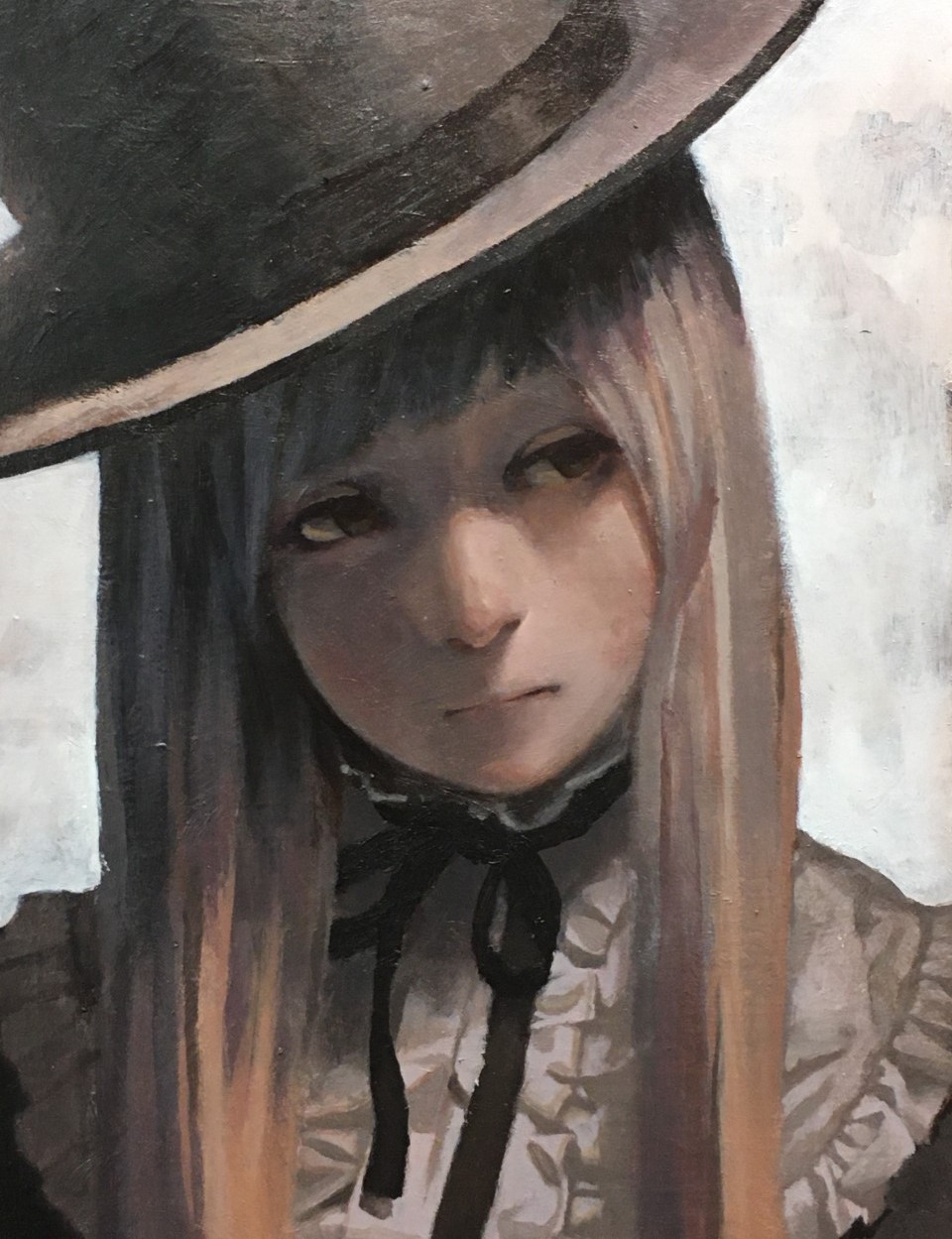 1girl bangs blunt_bangs blurry brown_eyes frills highres imai_takahiro long_hair looking_to_the_side muted_color neck_ribbon oil_painting_(medium) original portrait ribbon solo texture traditional_media