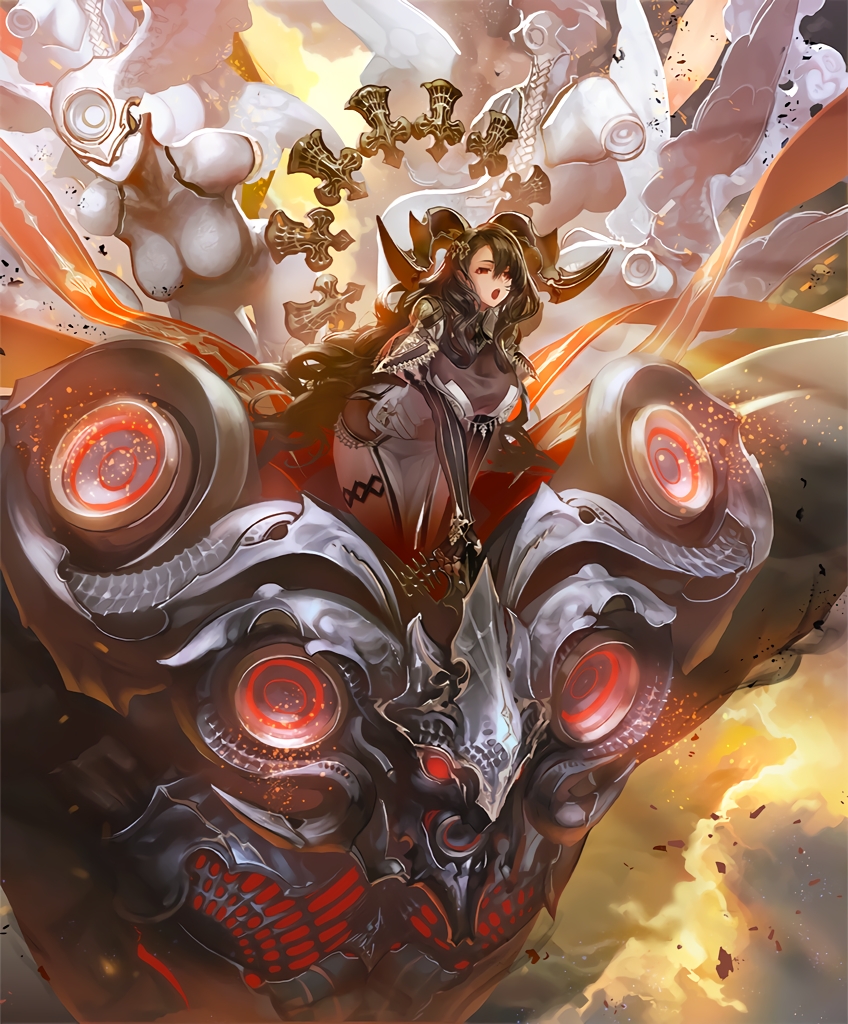 1girl :o angel_wings artist_request black_hair breasts clouds hair_between_eyes hair_ornament half-closed_eyes horns jotet_herald_of_despair large_breasts long_hair machine official_art pelvic_curtain shadowverse shoulder_armor thighlet very_long_hair wings