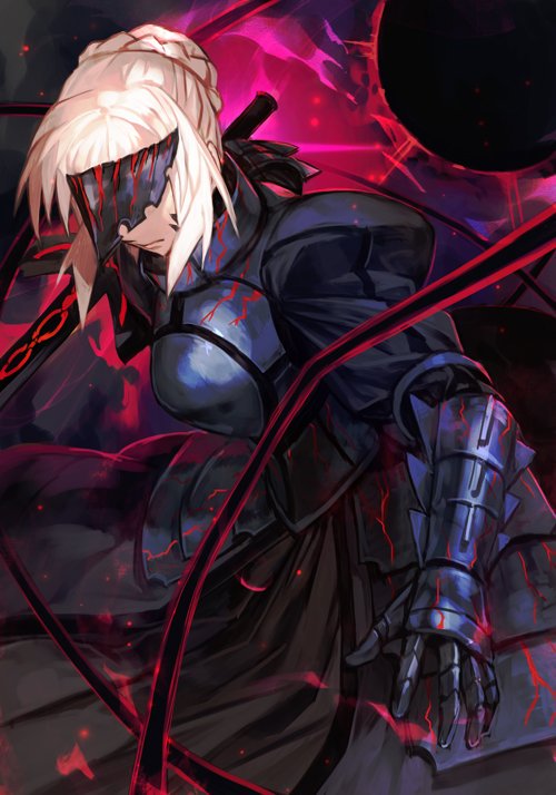 1girl armor armored_dress artoria_pendragon_(all) blonde_hair braid dark_excalibur darkness dress fate/stay_night fate_(series) french_braid gauntlets hankuri holding holding_sword holding_weapon mask saber_alter sword visor_(armor) weapon