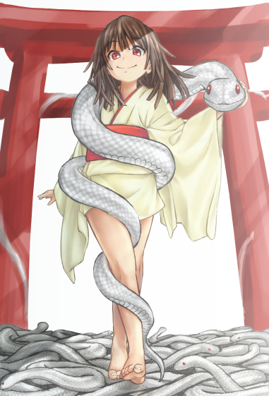 1girl barefoot blush brown_hair hair_ornament itani_senka japanese_clothes kimono kimono_skirt living_hair monogatari_(series) red_eyes sengoku_nadeko short_hair snake torii