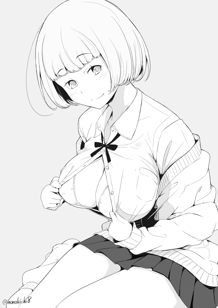 1girl bangs bikini bikini_under_clothes closed_mouth collared_shirt eyebrows_visible_through_hair grey_background greyscale kichihachi legs_together long_sleeves loose_socks miniskirt monochrome neck_ribbon off_shoulder open_clothes open_shirt original pleated_skirt ribbon shirt short_hair simple_background sitting skirt smile solo sweat swimsuit twitter_username unbuttoned