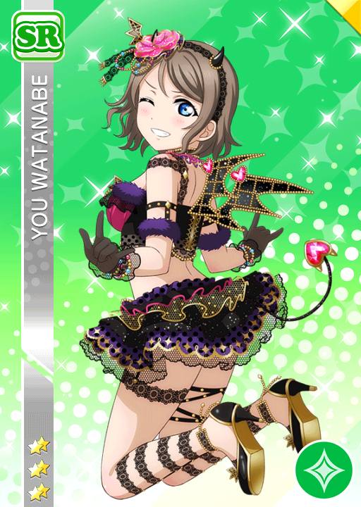 blue_eyes blush character_name devil dress grey_hair love_live!_school_idol_festival love_live!_sunshine!! short_hair smile watanabe_you wink