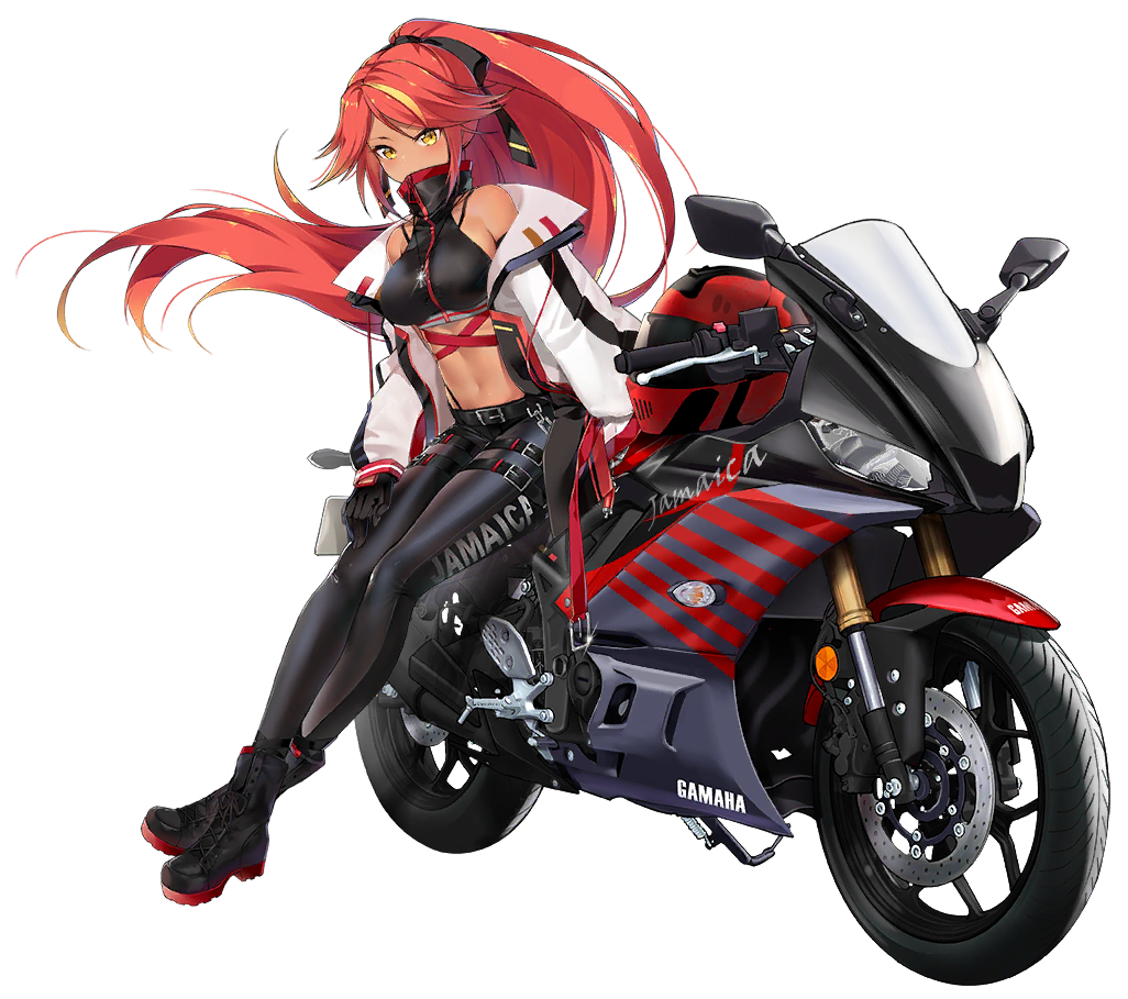 1girl alternate_costume azur_lane bare_shoulders belt black_gloves black_pants black_shirt boots breasts covered_mouth crop_top dark_skin floating_hair glint gloves ground_vehicle hair_ribbon headwear_removed helmet helmet_removed high_collar jacket jamaica_(azur_lane) jamaica_(highway_star)_(azur_lane) jewelry large_breasts long_hair long_sleeves looking_at_viewer midriff motor_vehicle motorcycle multicolored_hair navel necklace off_shoulder official_art ootsuki_momiji open_clothes open_jacket orange_hair pants ponytail redhead ribbon shirt sitting sleeveless sleeveless_shirt solo stomach streaked_hair tachi-e transparent_background very_long_hair white_jacket yellow_eyes