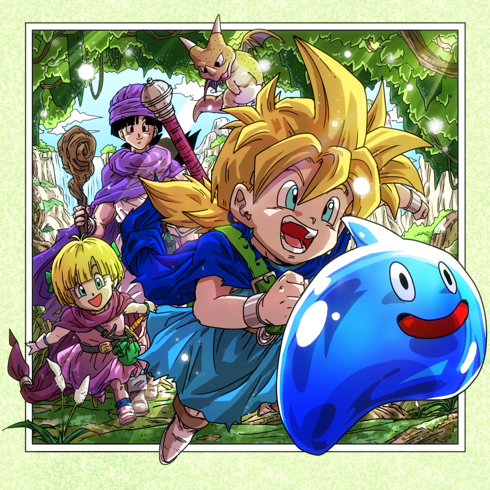 1girl 2boys black_hair blonde_hair blue_eyes blue_sky bracelet brother_and_sister cape clouds cloudy_sky dragon_quest dragon_quest_v father_and_daughter father_and_son female_child full_body hatiware12 hero's_daughter_(dq5) hero's_son_(dq5) hero_(dq5) holding jewelry long_hair low_ponytail male_child multiple_boys outdoors running siblings sky slime_(dragon_quest) tree turban