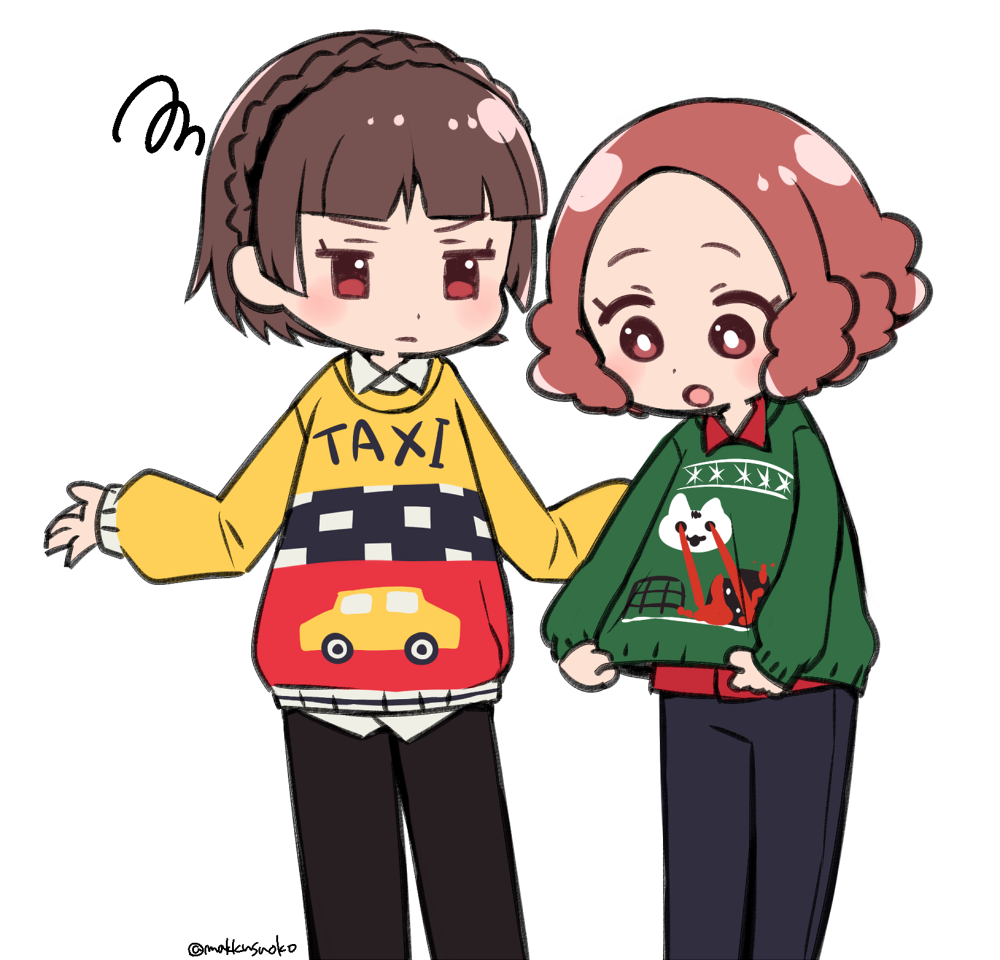 2girls :o bangs black_pants blue_pants blunt_bangs braid brown_eyes brown_hair closed_mouth collared_shirt cowboy_shot crown_braid do_m_kaeru flat_color long_sleeves looking_at_another multicolored multicolored_clothes multicolored_sweater multiple_girls niijima_makoto okumura_haru open_mouth outstretched_arms pants persona persona_5 red_shirt shirt short_hair simple_background squiggle sweater twitter_username white_background white_shirt wing_collar