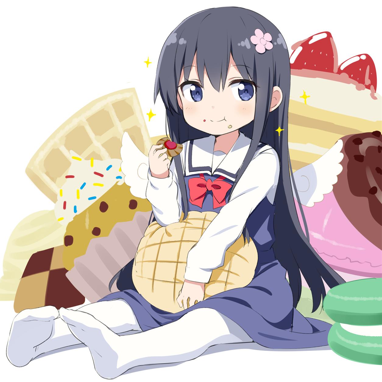 1girl blue_eyes bread checkerboard_cookie commentary_request cookie cupcake cute dress eating flower food food_on_face fruit gochou_(atemonai_heya) hair_flower hair_ornament highres long_hair macaron melon_bread moe no_shoes pantyhose pinafore_dress sailor_dress school_uniform shirosaki_hana solo sparkle sprinkles strawberry sweets very_long_hair watashi_ni_tenshi_ga_maiorita! white_legwear