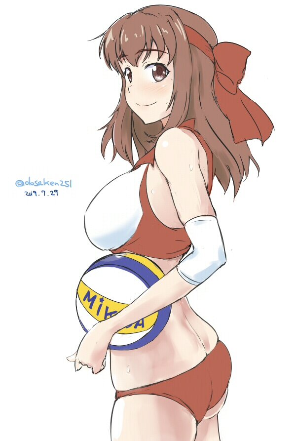 1girl ass ball bangs beach_volleyball brown_eyes brown_hair closed_mouth commentary cowboy_shot dated dosaken elbow_pads eyebrows_visible_through_hair from_side girls_und_panzer headband holding holding_ball kondou_taeko looking_at_viewer looking_back medium_hair red_headband simple_background skindentation smile solo sports_bikini sportswear standing sweat twitter_username volleyball volleyball_uniform white_background