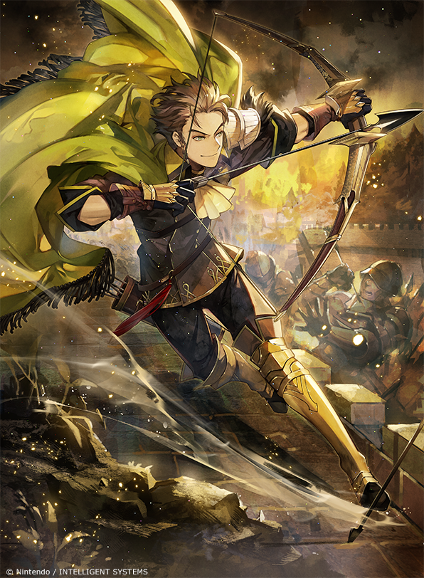 1boy armored_boots arrow boots bow_(weapon) brown_hair cape claude_von_riegan faceless faceless_male fire fire_emblem fire_emblem:_three_houses fire_emblem_cipher gloves green_eyes helmet kyouka_hatori night night_sky official_art open_mouth quiver sky solo sparkle teeth weapon