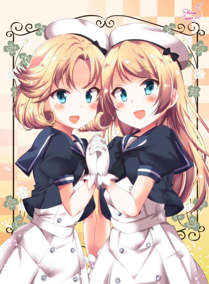 2girls bangs blonde_hair blue_eyes blue_sailor_collar blush clover dress eyebrows_visible_through_hair flower four-leaf_clover gloves hat holding_hands janus_(kantai_collection) jervis_(kantai_collection) kantai_collection long_hair multiple_girls nanoha-h open_mouth puffy_short_sleeves puffy_sleeves sailor_collar sailor_dress sailor_hat short_hair short_sleeves signature white_dress white_gloves white_headwear