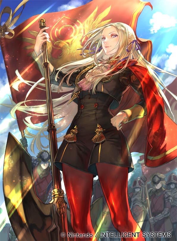 1girl army artist_request axe bangs black_jacket black_shorts brooch cape clouds cloudy_sky cravat edelgard_von_hresvelg fire_emblem fire_emblem:_three_houses fire_emblem_cipher flag formal garreg_mach_monastery_uniform gloves hand_on_hip jacket jewelry long_hair long_sleeves parted_bangs platinum_blonde_hair red_cape red_legwear shorts sky smile tagme thick_thighs thighs violet_eyes white_gloves