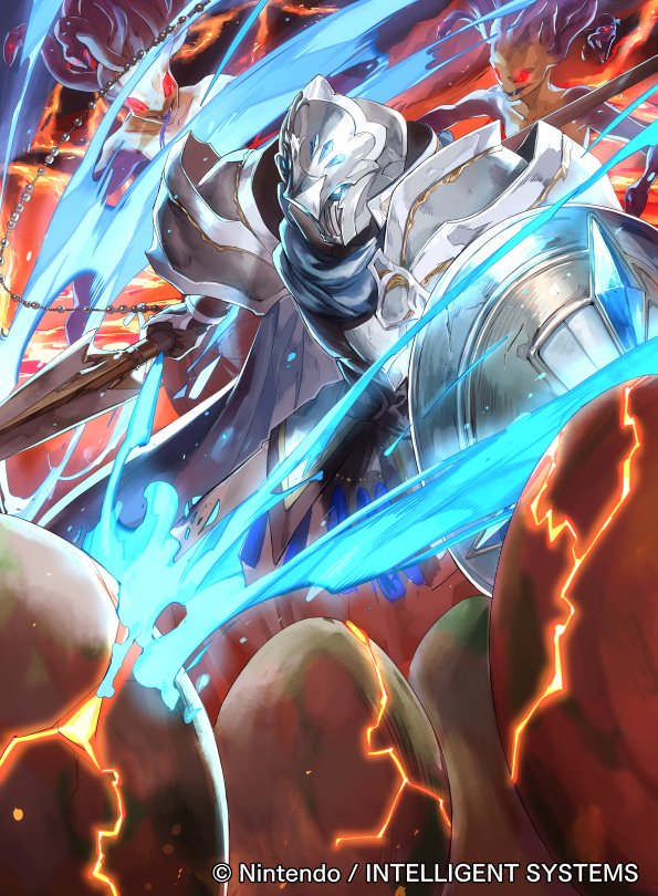 1boy armor blue_eyes egg fire fire_emblem fire_emblem_cipher glowing glowing_eyes gorgon helmet mayo_(becky2006) monster official_art polearm red_eyes shield solo spear valjean_(fire_emblem) weapon