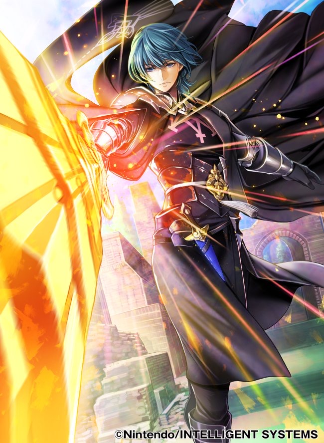 1boy armor bangs black_armor black_gloves blue_eyes blue_hair byleth_(fire_emblem) byleth_eisner_(male) dagger fire_emblem fire_emblem:_three_houses fire_emblem_cipher gloves glowing glowing_sword glowing_weapon hair_between_eyes jacket looking_at_viewer official_art sword tagme toyo_sao tunic weapon whip_sword