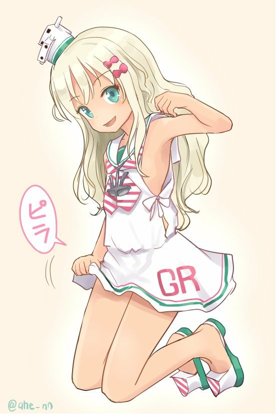 1girl :d ahenn bangs bare_arms bare_shoulders beige_background bow commentary_request dress dress_lift eyebrows_visible_through_hair full_body grecale_(kantai_collection) green_eyes green_footwear hair_bow hand_up hat kantai_collection kneeling lifted_by_self light_brown_hair long_hair looking_at_viewer mini_hat open_mouth pink_bow sailor_collar sailor_dress short_dress sleeveless sleeveless_dress smile solo translated very_long_hair white_dress white_sailor_collar