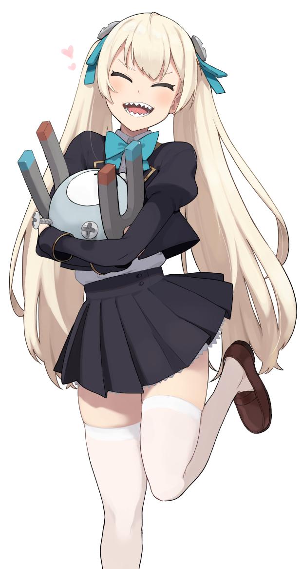 ^_^ ^o^ accio bangs blonde_hair blush bow bowtie closed_eyes facing_viewer hair_ornament hug leg_up loafers long_hair magnemite personification pleated_skirt pokemon pokemon_(creature) sharp_teeth shoes simple_background skirt teeth thigh-highs twintails white_background white_legwear