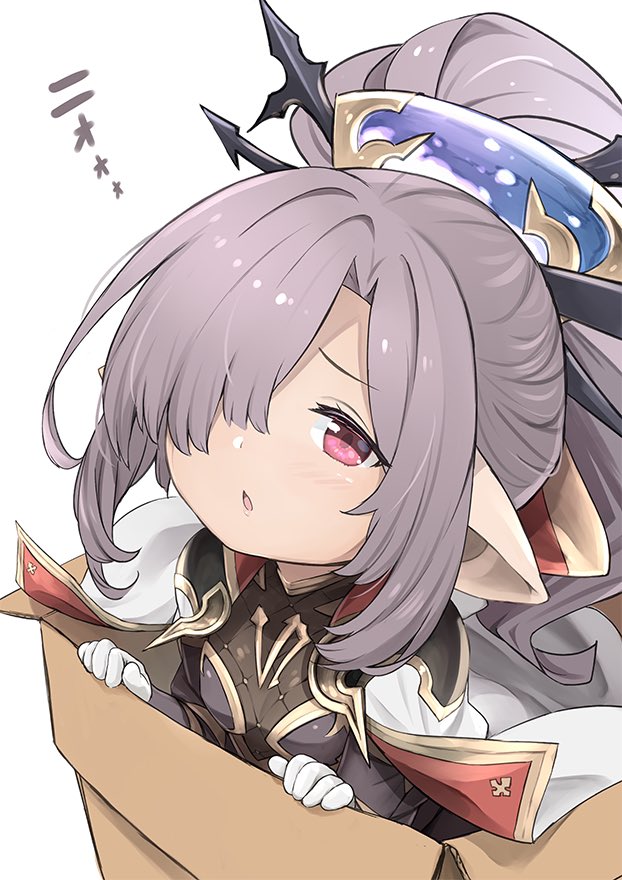 1girl bangs blush box breasts cape cardboard_box commentary_request eyebrows_visible_through_hair feff672166 gloves granblue_fantasy hair_ornament hair_over_one_eye harvin high_ponytail in_box in_container long_hair looking_at_viewer nio_(granblue_fantasy) parted_lips pointy_ears ponytail purple_hair red_eyes sidelocks simple_background small_breasts solo translated white_background white_cape white_gloves