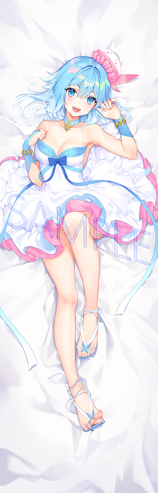 1girl atdan bare_shoulders barefoot blue_eyes blue_hair copyright_request dakimakura dress feet haiyi highres looking_at_viewer shoes toes white_dress