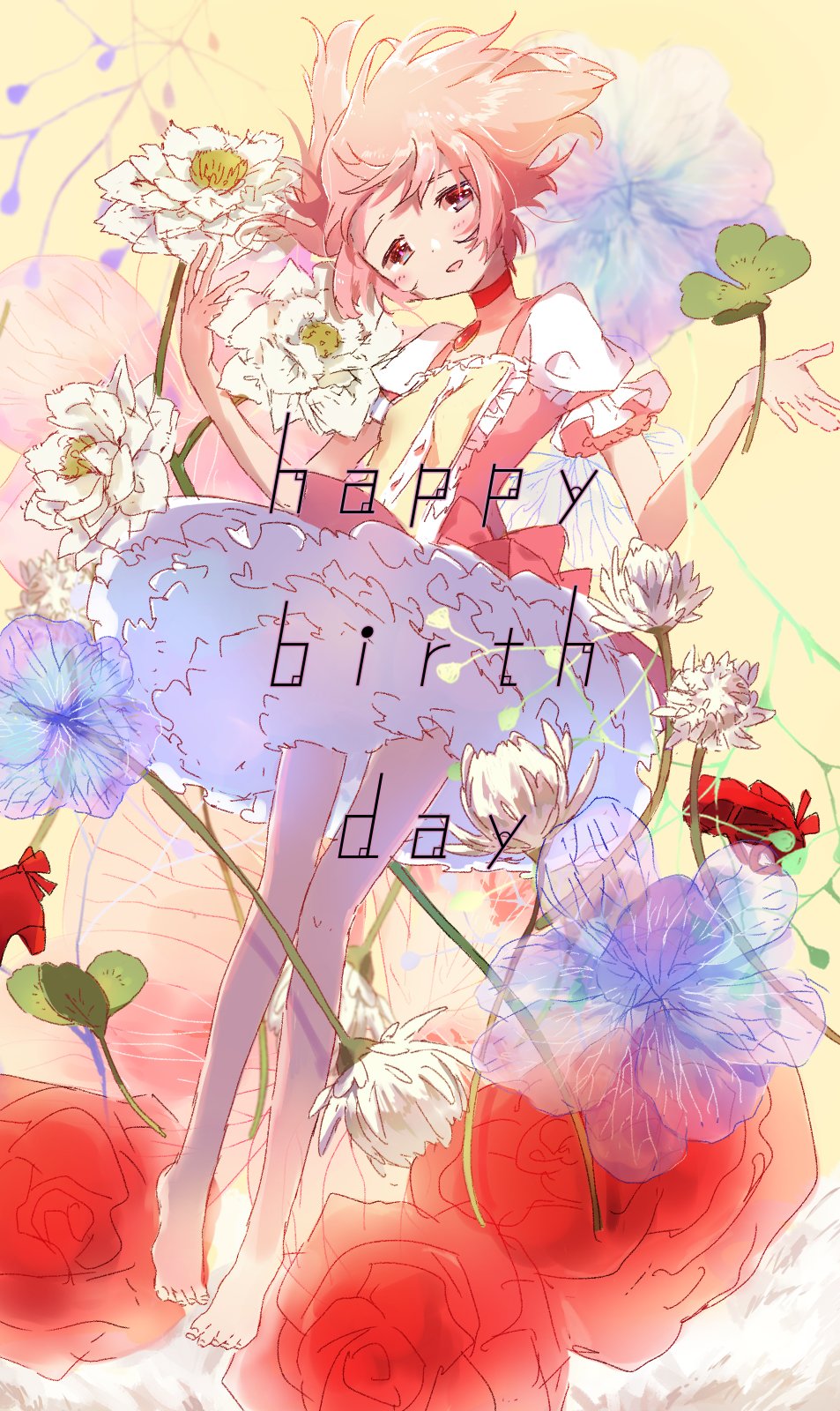 1girl arms_at_sides bare_legs barefoot beige_background blue_flower blush breasts bubble_skirt choker clover commentary_request english_text flat_chest floating flower frilled_shirt frilled_skirt frills happy_birthday head_tilt heartglaive highres kaname_madoka knees_together_feet_apart leaf looking_at_viewer mahou_shoujo_madoka_magica parted_lips pink_eyes pink_hair pink_ribbon puffy_short_sleeves puffy_sleeves purple_flower red_choker red_flower red_rose ribbon rose shaded_face shirt short_hair short_sleeves skirt small_breasts solo text_focus very_short_hair white_flower white_rose white_skirt