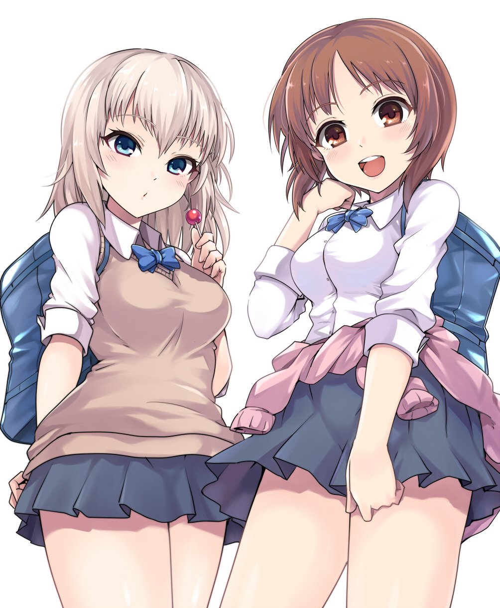 2girls alternate_costume arm_behind_back bag bangs black_skirt blue_eyes blue_neckwear blush bow bowtie brown_eyes brown_hair brown_sweater carrying clothes_around_waist commentary cowboy_shot dress_shirt eyebrows_visible_through_hair girls_und_panzer hand_in_hair highres holding_lollipop itsumi_erika kasai_shin light_blush long_sleeves looking_at_viewer medium_hair miniskirt multiple_girls nishizumi_miho open_mouth parted_lips pink_sweater pleated_skirt school_bag shirt short_hair silver_hair simple_background skirt sleeves_rolled_up smile standing sweater sweater_around_waist sweater_vest white_background white_shirt wing_collar