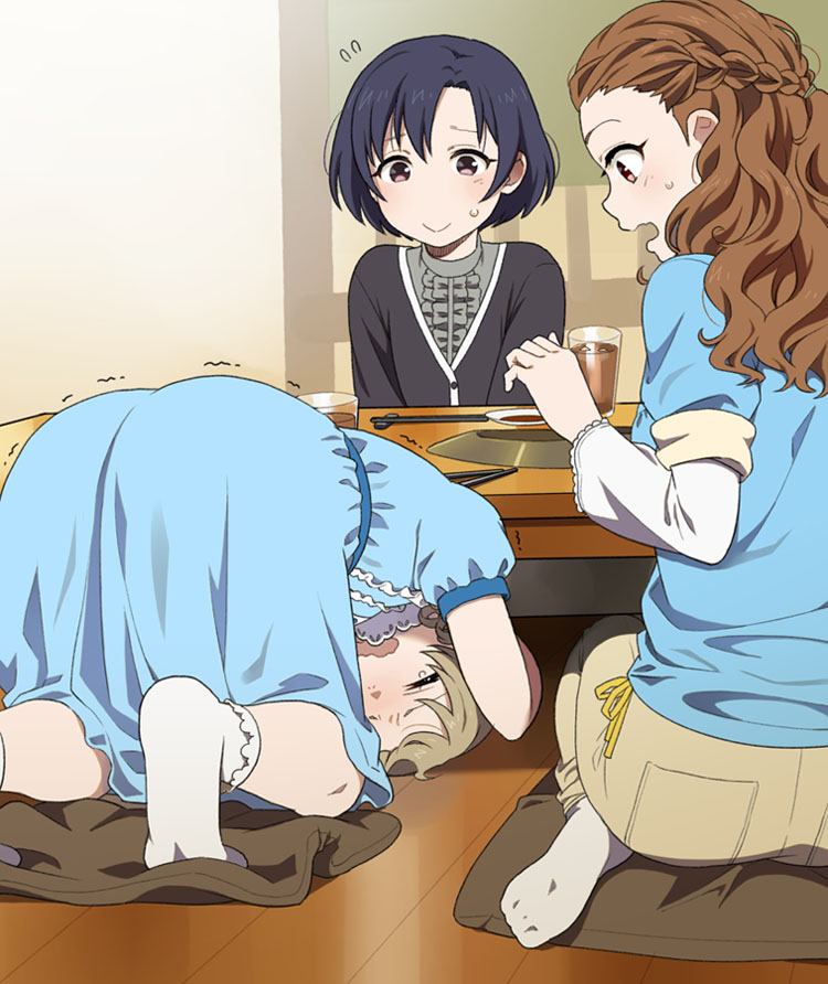 3girls ass black_hair black_jacket blue_dress blue_shirt blush bobby_socks braid brown_eyes brown_hair brown_pants center_frills chopsticks closed_eyes closed_mouth cup dress drinking_glass flying_sweatdrops frills grey_shirt idolmaster idolmaster_cinderella_girls indoors jacket long_hair mattaku_mousuke morikubo_nono multiple_girls no_shoes open_mouth pants profile puffy_short_sleeves puffy_sleeves seiza seki_hiromi shiragiku_hotaru shirt short_sleeves sitting socks soles sweat table trembling white_legwear wooden_floor