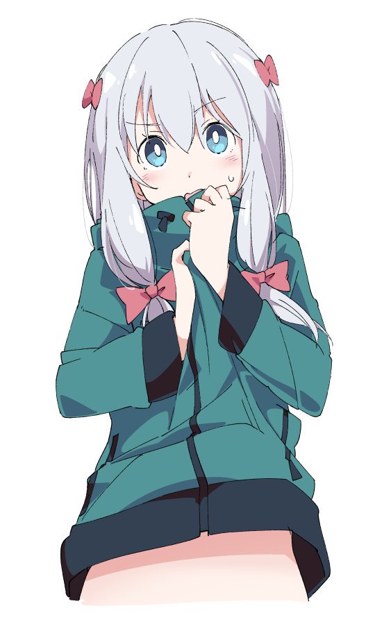 1girl aqua_eyes blue_eyes blue_hair bow eromanga_sensei grey_hair hair_bow ixy izumi_sagiri jacket long_hair low-tied_long_hair pink_bow silver_hair