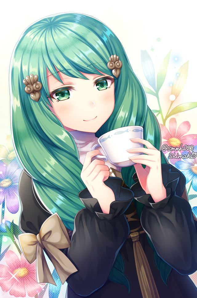 1girl artist_name blush bow cup drill_hair fire_emblem fire_emblem:_three_houses flayn_(fire_emblem) flower green_eyes green_hair hair_ornament hairclip leaf long_hair smk023 solo sparkle star star-shaped_pupils symbol-shaped_pupils teacup upper_body white_background