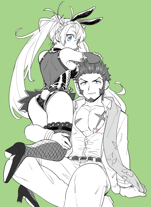 1boy 1girl animal_ears arm_support belt bradamante_(fate/grand_order) bunny_girl bunny_tail bunnysuit facial_hair fake_animal_ears fake_tail fate/grand_order fate_(series) fishnet_legwear fishnets goatee green_background greyscale lace lace-trimmed_legwear ladies_&amp;_gentlemen_(fate/grand_order) looking_at_viewer looking_back monochrome napoleon_bonaparte_(fate/grand_order) open_clothes open_shirt rabbit_ears scar shitappa sideburns simple_background sitting tail thigh-highs twintails welcome_bunny_(fate/grand_order)
