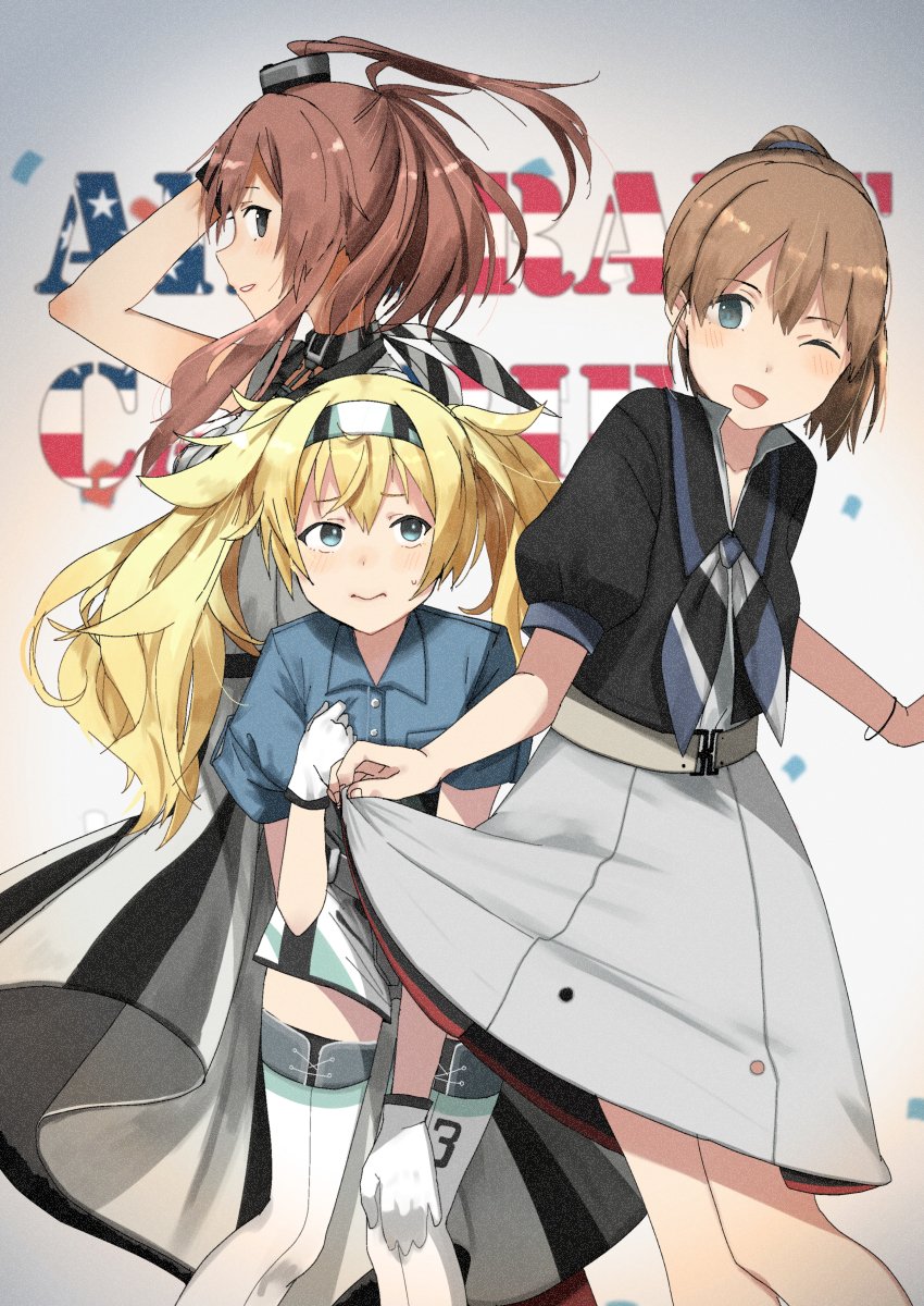 3girls annin_musou belt black_shirt blonde_hair blue_eyes blue_shirt blurry breast_pocket brown_hair collared_shirt commentary_request confetti depth_of_field dress feet_out_of_frame gambier_bay_(kantai_collection) gloves grey_eyes hair_ornament hairband highres intrepid_(kantai_collection) kantai_collection miniskirt multicolored multicolored_clothes multicolored_gloves multicolored_neckwear multiple_girls one_eye_closed pocket ponytail profile red_neckwear remodel_(kantai_collection) saratoga_(kantai_collection) shirt short_hair shorts side_ponytail sidelocks skirt smokestack smokestack_hair_ornament thigh-highs twintails wall_of_text white_dress white_legwear white_shirt white_skirt