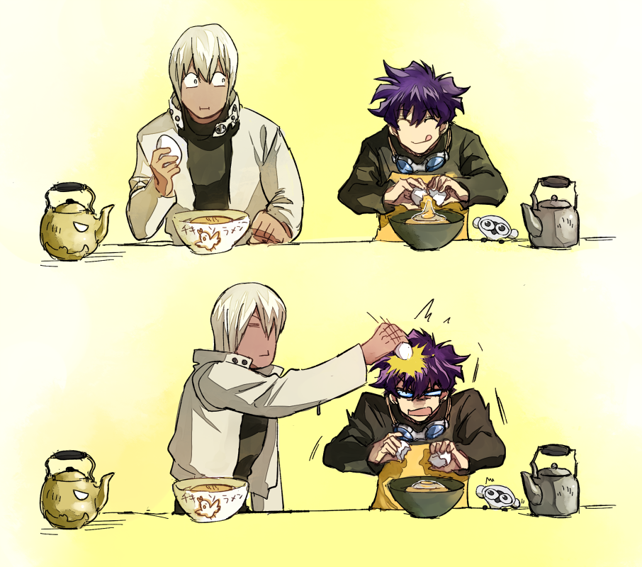 bowl closed_eyes closed_mouth collar egg food holding holding_egg holding_food housui_(g3hopes) kekkai_sensen kettle leonardo_watch long_sleeves looking_at_another monkey open_mouth purple_hair short_hair smile sonic_(kekkai_sensen) white_hair zap_renfro