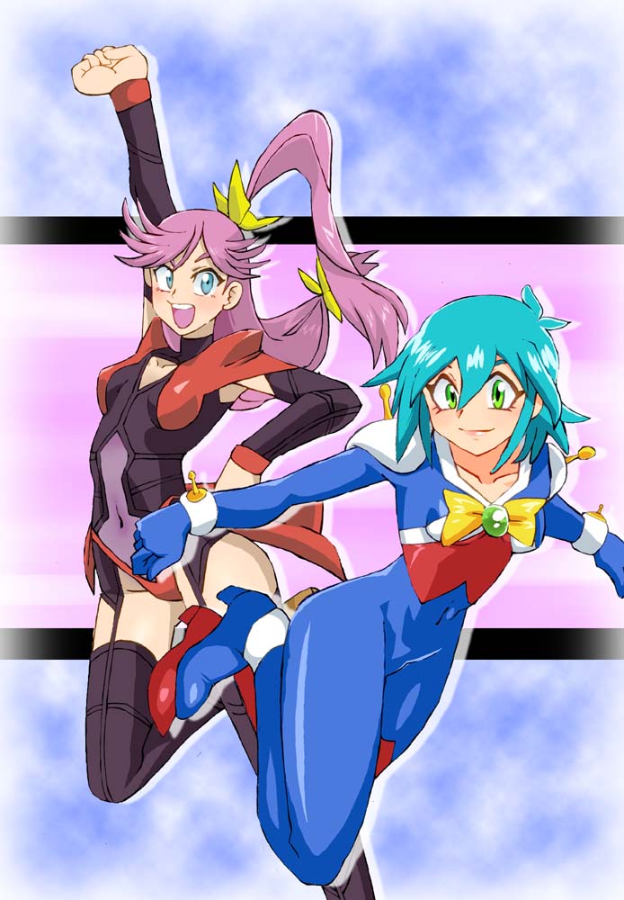 allenby_beardsley blue_bodysuit blue_hair bodysuit breasts closed_mouth commentary_request covered_navel g_gundam gloves graphite_(medium) green_eyes groin gundam long_hair looking_at_viewer millipen_(medium) mobile_trace_suit multicolored multicolored_bodysuit multicolored_clothes multiple_girls onnaski open_mouth red_bodysuit short_hair skin_tight smile traditional_media