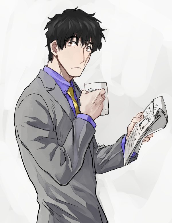 1boy black_hair blue_shirt closed_mouth collar cup formal frown grey_jacket holding holding_cup holding_newspaper housui_(g3hopes) jacket kekkai_sensen long_sleeves looking_at_viewer necktie newspaper scar shirt short_hair solo steven_a._starphase suit upper_body white_background white_cup yellow_neckwear