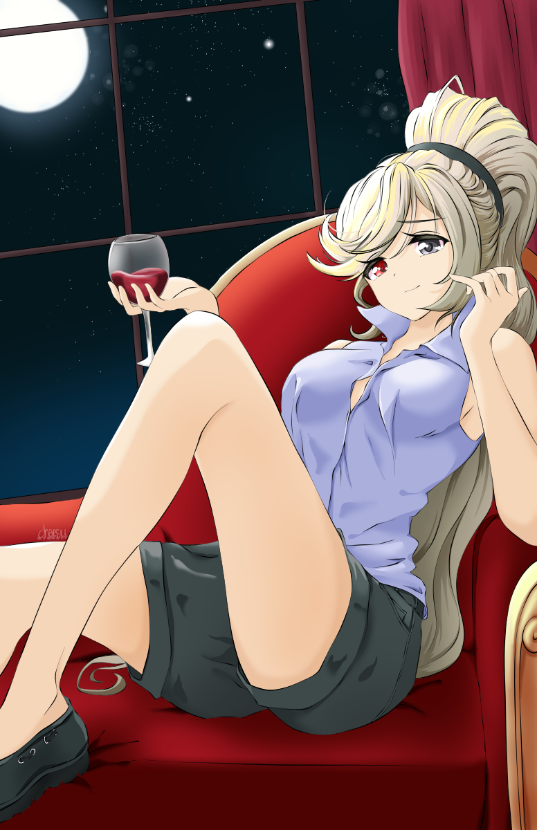 1girl alcohol bangs blonde_hair breasts casual chaesu couch cup drinking_glass full_moon grey_eyes hair_ornament hair_pulled_back hair_scrunchie heterochromia highres hilda_(under_night_in-birth) indoors loafers long_hair medium_breasts moon night ponytail reclining red_eyes scrunchie shoes shorts sideboob signature sky solo star_(sky) starry_sky swept_bangs under_night_in-birth very_long_hair window wine wine_glass