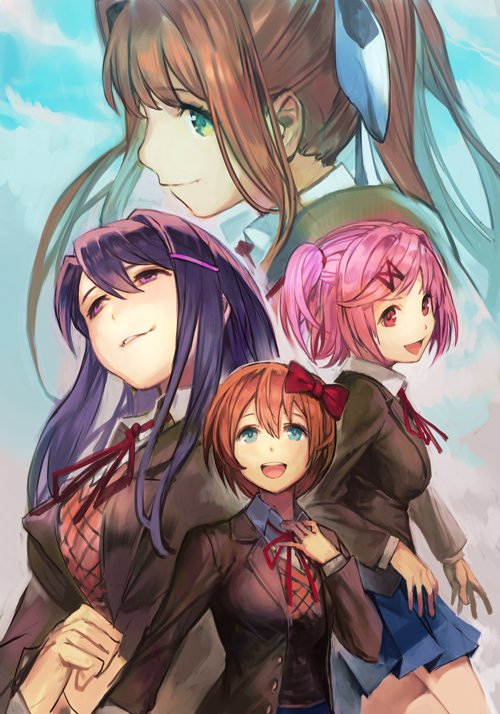 4girls :d bangs blue_eyes blue_skirt bow brown_hair brown_jacket cute dandere deredere doki_doki_literature_club green_eyes hair_between_eyes hair_bow hair_ornament hair_ribbon hairclip hankuri jacket long_hair long_sleeves moe monika_(doki_doki_literature_club) multiple_girls natsuki_(doki_doki_literature_club) open_mouth pink_hair pleated_skirt ponytail purple_hair red_bow red_eyes ribbon sayori_(doki_doki_literature_club) school_uniform short_hair skirt smile team_salvato tsundere two_side_up violet_eyes white_ribbon wing_collar yandere yuri_(doki_doki_literature_club)