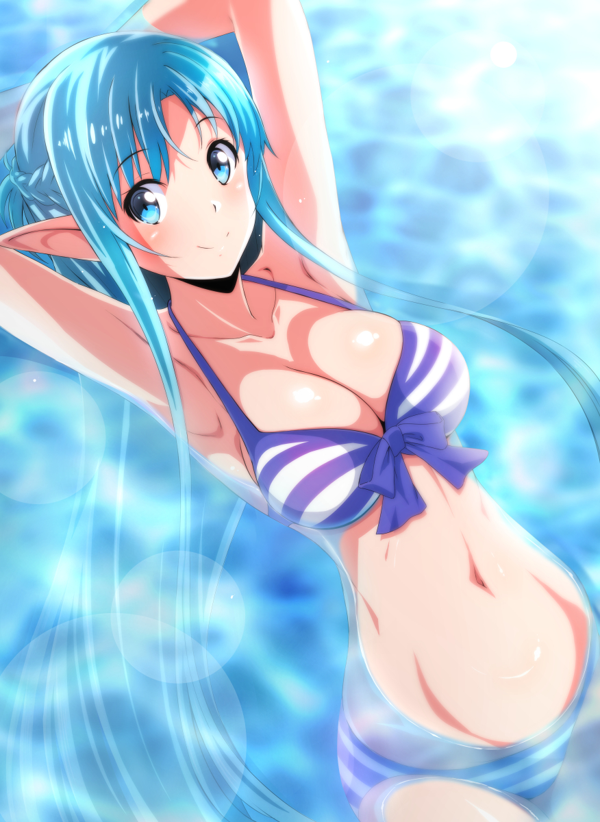 1girl a-1_pictures airando armpits arms_behind_head ascii_media_works asuna_(sao) asuna_(sao-alo) bikini blue_eyes blue_hair breasts closed_mouth collarbone elf eyebrows_visible_through_hair floating highres large_breasts long_hair navel partially_submerged pointy_ears sexy smile solo striped striped_bikini swimming swimsuit sword_art_online water yuuki_asuna