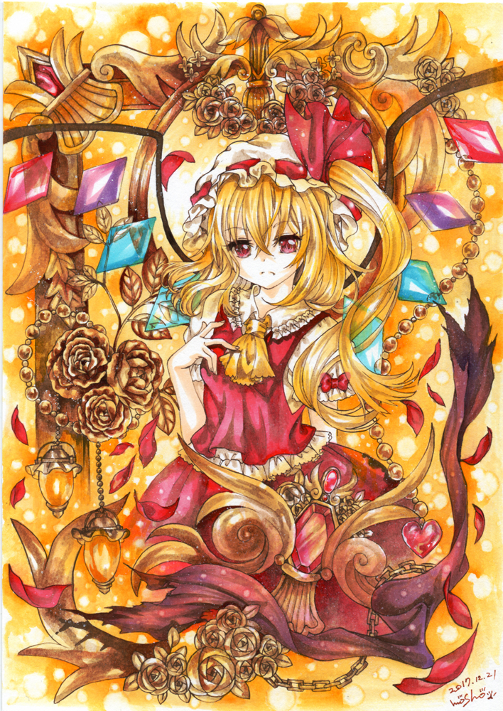 1girl blonde_hair bow chain commentary_request flandre_scarlet flower frills frown gem hat hat_ribbon jewelry long_hair mob_cap mosho petals red_bow red_eyes red_ribbon red_skirt red_vest ribbon rose shirt short_sleeves side_ponytail skirt solo touhou traditional_media vest white_headwear white_shirt wings yellow_background yellow_neckwear