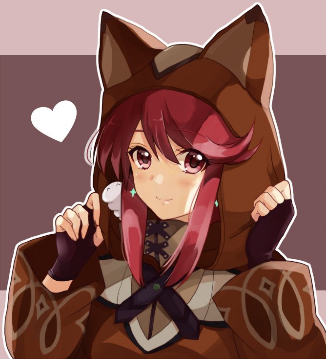 1girl animal_ears artist_request bangs blush cat_ears earrings fingerless_gloves gloves hair_ornament pyra_(xenoblade) hood jewelry looking_at_viewer red_eyes redhead rex_(xenoblade_2) robe short_hair simple_background smile solo xenoblade_(series) xenoblade_2