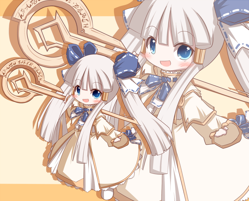 1girl :d bangs beige_background blue_bow blue_eyes blush bow brown_background chibi copyright_request eyebrows_visible_through_hair hair_between_eyes hair_bow holding holding_staff long_hair long_sleeves looking_at_viewer mori_no_kaeru open_mouth pinching_sleeves robe sidelocks silver_hair sleeves_past_wrists smile solo staff standing twintails two-tone_background very_long_hair white_robe wide_sleeves zoom_layer