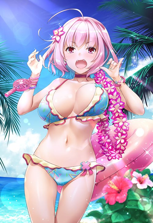1girl ahoge bangle bangs bare_shoulders beach bikini blue_bikini blue_hair blue_sky bouncing_breasts bracelet breasts choker clouds collarbone day electric_fan eyebrows_visible_through_hair fangs flower frilled_bikini frills groin hair_between_eyes hair_flower hair_intakes hair_ornament handheld_fan hibiscus horizon idolmaster idolmaster_cinderella_girls jewelry large_breasts lei lens_flare looking_at_viewer multicolored multicolored_bikini multicolored_clothes nakajima_yuka ocean open_mouth outdoors palm_tree pink_choker pink_eyes pink_flower pink_hair pink_innertube pink_wristband plant purple_wristband shiny shiny_hair short_hair sky solo standing star star_print sunlight swimsuit thigh_gap thighs tongue tree unaligned_breasts v-shaped_eyebrows water yumemi_riamu