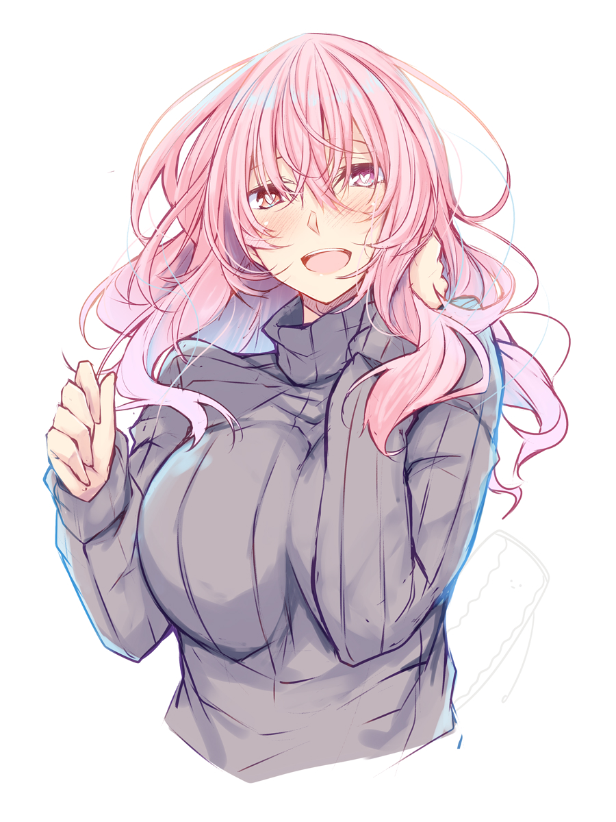 1girl blush breasts brown_eyes commentary_request copyright_request heterochromia highres large_breasts long_hair long_sleeves looking_at_viewer pink_eyes pink_hair simple_background solo striped striped_sweater suterii sweater white_background