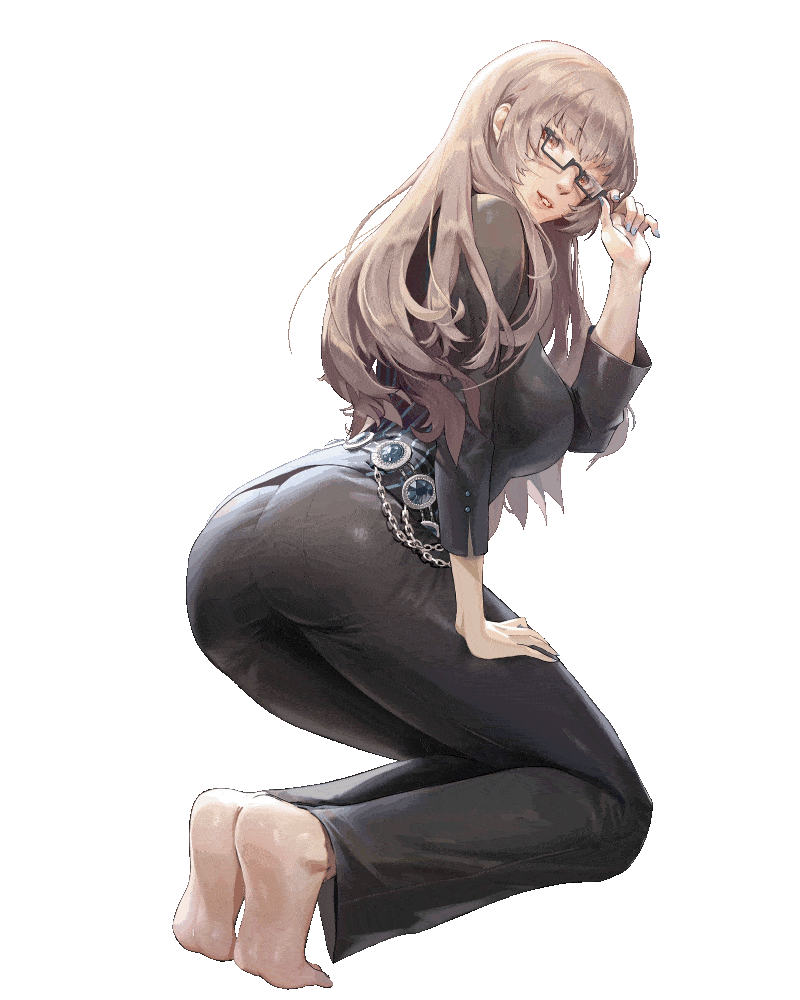 1girl adjusting_eyewear animated ass barefoot bouncing_ass bouncing_breasts breasts brown_hair catherine_(game) destiny_child glasses hand_on_leg katherine_mcbride kim_hyung_tae kneeling long_hair looking_at_viewer official_art parted_lips smile solo