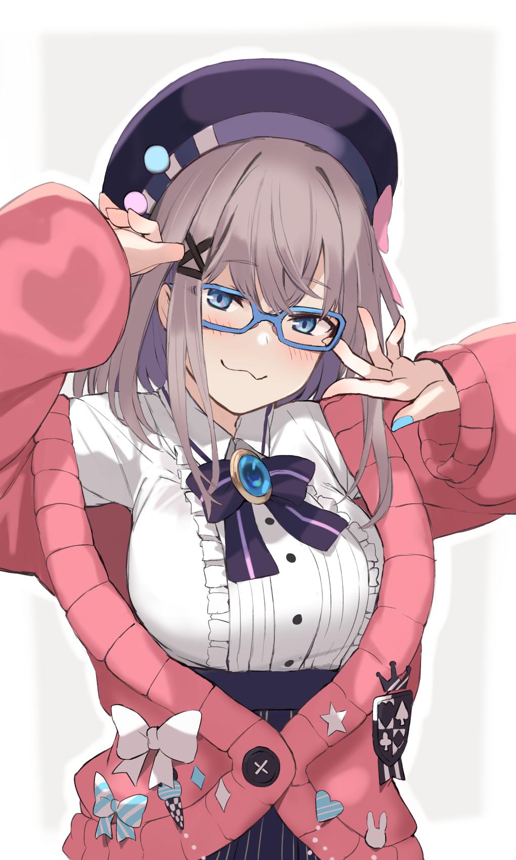 1girl :3 bangs black_skirt blue-framed_eyewear blue_eyes blue_nails blush bow breasts brooch brown_hair closed_mouth commentary ganesagi glasses hair_ornament hat hat_bow highres jacket jewelry large_breasts long_sleeves looking_at_viewer medium_hair nail_polish nijisanji open_clothes open_jacket pink_cardigan shirt simple_background skirt solo striped suzuhara_lulu symbol_commentary upper_body vertical-striped_skirt vertical_stripes virtual_youtuber white_background white_shirt