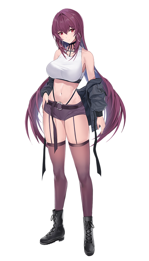 1girl alternate_costume ankle_boots arm_at_side bangs bare_shoulders belt_buckle black_footwear black_jacket black_nails blush boots breasts buckle casual closed_mouth crop_top cross-laced_footwear damda earrings eyebrows_visible_through_hair fate/grand_order fate_(series) full_body garter_straps hair_between_eyes hand_on_hip hoop_earrings jacket jewelry lace-up_boots large_breasts long_hair long_sleeves looking_at_viewer nail_polish o-ring off_shoulder open_clothes open_jacket purple_hair purple_legwear purple_shorts red_eyes scathach_(fate)_(all) scathach_(fate/grand_order) short_shorts shorts simple_background solo standing thigh-highs very_long_hair white_background