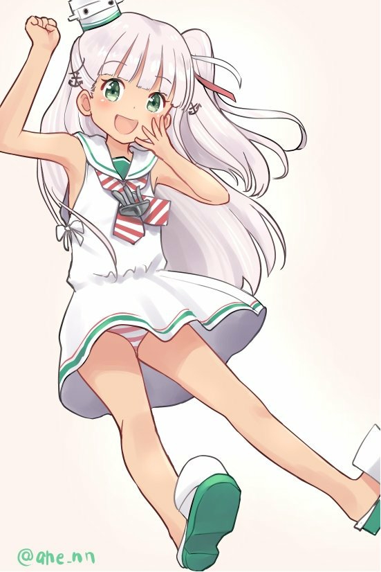 1girl :d ahenn anchor anchor_hair_ornament arm_up bangs bare_arms bare_shoulders blunt_bangs commentary_request diagonal-striped_neckwear diagonal_stripes dress eyebrows_visible_through_hair green_eyes hair_ornament hair_ribbon kantai_collection long_hair looking_at_viewer maestrale_(kantai_collection) neckerchief one_side_up open_mouth panties red_ribbon ribbon sailor_collar sandals shoe_soles silver_hair sleeveless sleeveless_dress smile solo striped striped_neckwear striped_panties tan underwear very_long_hair white_dress white_footwear white_ribbon white_sailor_collar