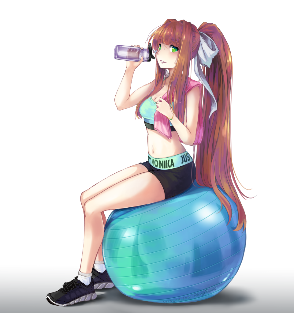 1girl ball bangs black_footwear black_shorts bottle bow breasts brown_hair commentary doki_doki_literature_club exercise_ball eyebrows_visible_through_hair green_eyes hair_ribbon long_hair looking_at_viewer monika_(doki_doki_literature_club) ponytail ribbon short_shorts shorts sitting smile solo takuyarawr very_long_hair water_bottle white_ribbon