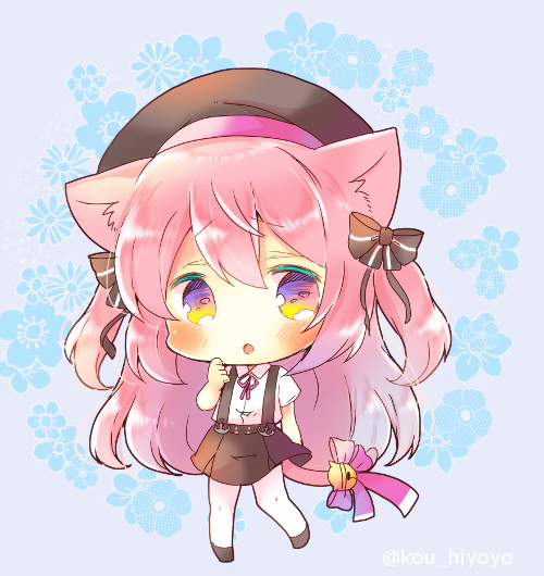 1girl :o animal_ear_fluff animal_ears azur_lane bangs bell beret black_bow black_footwear black_headwear black_skirt blue_background blush bow cat_ears cat_girl cat_tail chibi collared_shirt dress_shirt eyebrows_behind_hair floral_background full_body hair_between_eyes hair_bow hand_up hat jingle_bell kisaragi_(azur_lane) kouu_hiyoyo long_hair looking_at_viewer neck_ribbon pantyhose parted_lips pink_hair pleated_skirt red_bow red_ribbon retrofit_(azur_lane) ribbon shirt skirt solo standing standing_on_one_leg striped striped_bow suspender_skirt suspenders tail tail_bow twitter_username two_side_up very_long_hair white_legwear white_shirt