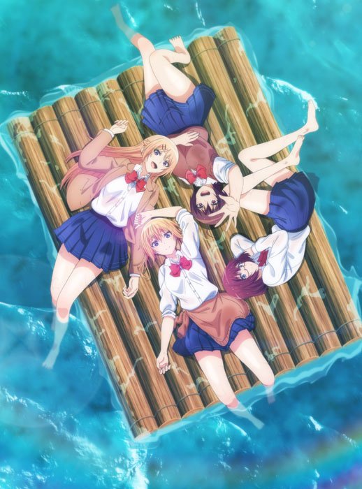 4girls amatani_mutsu barefoot blonde_hair blue_skirt bowtie_removed brown_hair clothes_around_waist full_body glasses jpeg_artifacts kujou_shion long_hair looking_at_viewer lying miniskirt multiple_girls ocean official_art on_back onishima_homare open_mouth partially_submerged raft red-framed_eyewear red_neckwear school_uniform shirt skirt sleeves_rolled_up smile sounan_desuka? suzumori_asuka sweater_vest water white_shirt