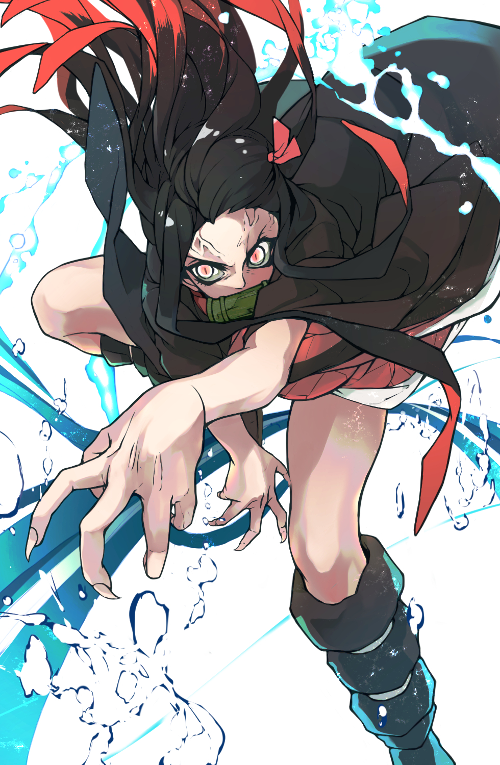 1girl bamboo bit_gag black_hair brown_hair commentary_request fingernails forehead gag hair_ribbon highres japanese_clothes kamado_nezuko kazuya0810 kimetsu_no_yaiba kimono long_hair looking_at_viewer mouth_hold multicolored_hair pink_eyes pink_kimono pink_ribbon ribbon sharp_fingernails slit_pupils solo two-tone_hair very_long_hair