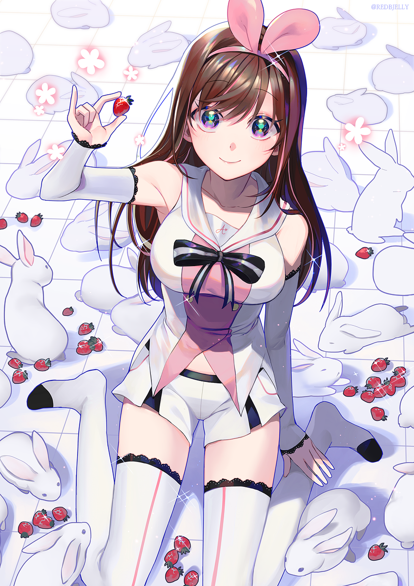 +_+ 1girl a.i._channel animal arm_at_side arm_up bare_shoulders black_ribbon blue_eyes breasts brown_hair buttons checkered checkered_floor clothes_writing commentary detached_sleeves eyebrows_visible_through_hair eyelashes floor floral_background flower food from_above fruit full_body hair_ribbon happy highres holding holding_food holding_fruit huge_breasts kizuna_ai knees_out_of_frame lace lace-trimmed_legwear light_particles long_hair looking_at_viewer looking_up multicolored multicolored_eyes multicolored_hair on_floor pink_eyes pink_flower pink_hair pink_ribbon rabbit redbjelly ribbon sailor_collar shiny shiny_hair shirt shorts sitting sleeveless sleeveless_shirt smile solo sparkle straight_hair strawberry streaked_hair striped striped_legwear symbol_commentary thigh-highs thighs too_many too_many_bunnies twitter_username two-tone_hair virtual_youtuber wariza white_legwear white_sailor_collar white_shorts yellow_eyes