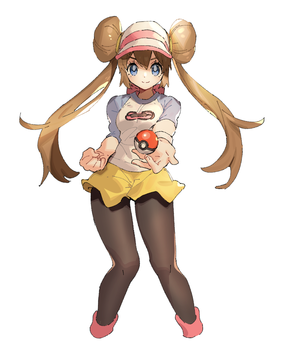 1girl ankea_(a-ramo-do) back_bow bangs black_legwear blue_eyes blush bow breasts brown_hair clenched_hand closed_mouth cropped_legs double_bun hair_tie happy highres holding holding_poke_ball light_blush long_hair long_sleeves looking_at_viewer mei_(pokemon) outstretched_arm pantyhose pink_bow pink_headwear pink_legwear poke_ball poke_ball_(generic) poke_ball_symbol poke_ball_theme pokemon pokemon_(game) pokemon_bw2 raglan_sleeves shirt short_shorts shorts simple_background small_breasts smile socks solo standing tied_hair twintails visor_cap white_background white_shirt yellow_shorts